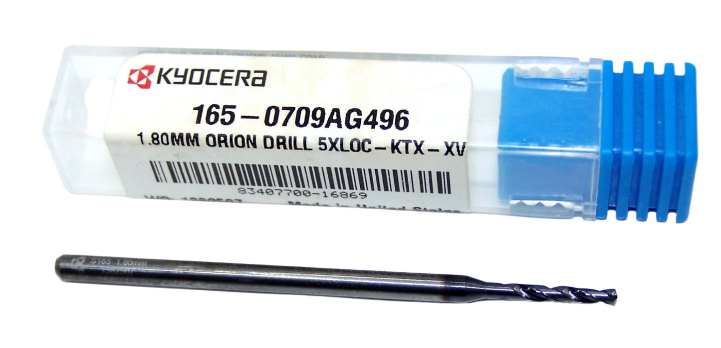 165-0709AG496 Kyocera 1.80mm Carbide 2 Flute Drill High Performance .0709" Diameter .496" Flute 2.36" Length .118" Shank 142° Point Coated