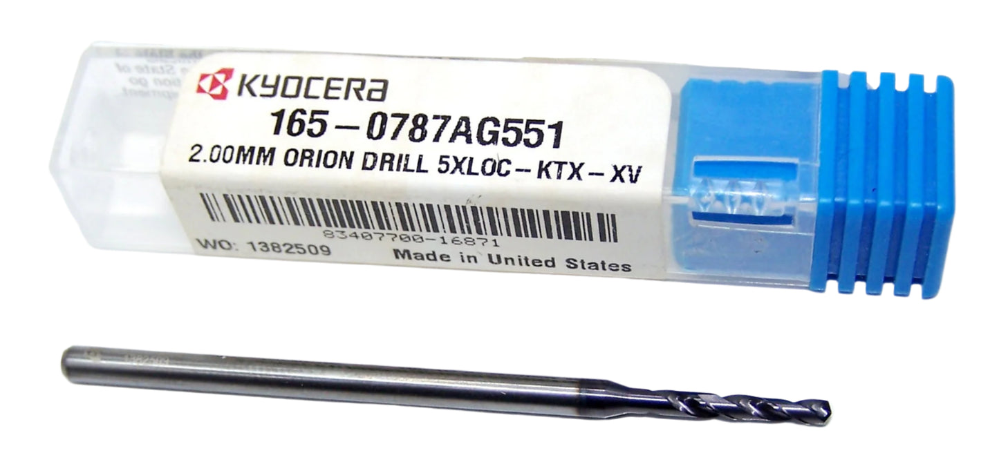 165-0787AG551 Kyocera 2.00mm Carbide 2F Drill High Performance .0787" Diameter .551" Flute 2.36" Length .1181" Shank Coated