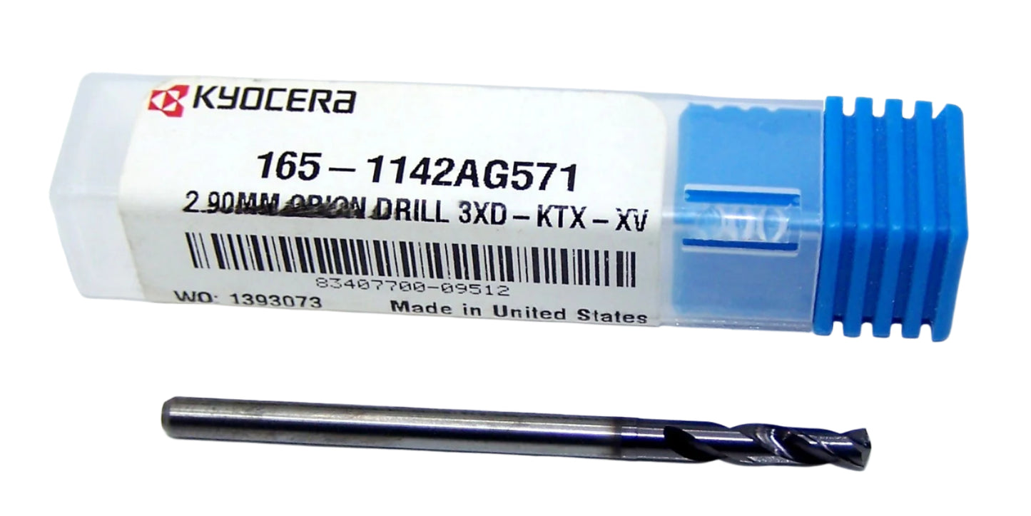 165-1142AG571 Kyocera 2.90mm Carbide 2F Drill High Performance .1142" Diameter .571" Flute 1.97" Length .1181" Shank Coated