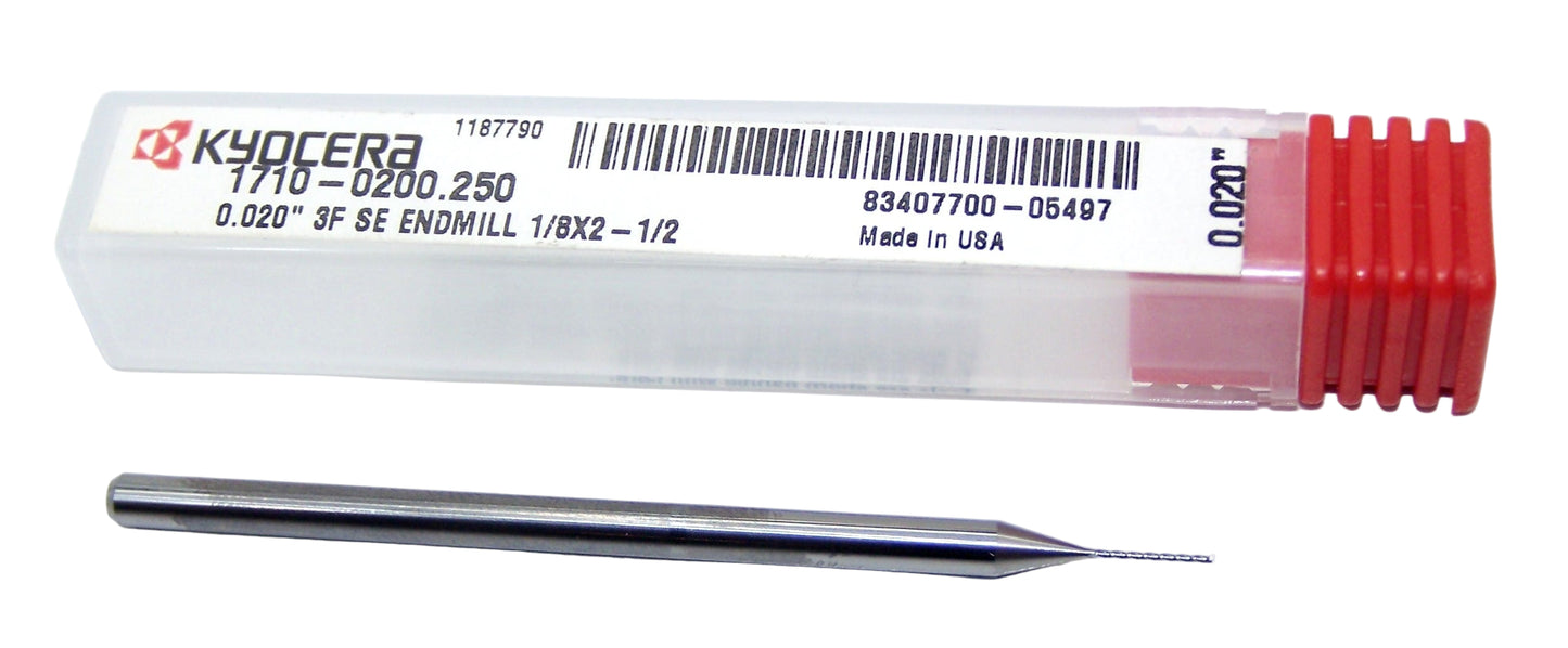 1710-0200.250 Kyocera 0.0200" Carbide 3 Flute End Mill 0.0200" Diameter 0.250" Flute 2.5" Length 0.125" Shank