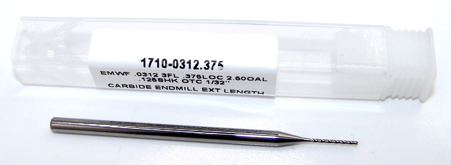 1710-0312.375 Oliver Tool 1/32" Carbide 3 Flute End Mill Extended Flute .0312" Diameter .375" Flute 2.5" OAL .125" Shank