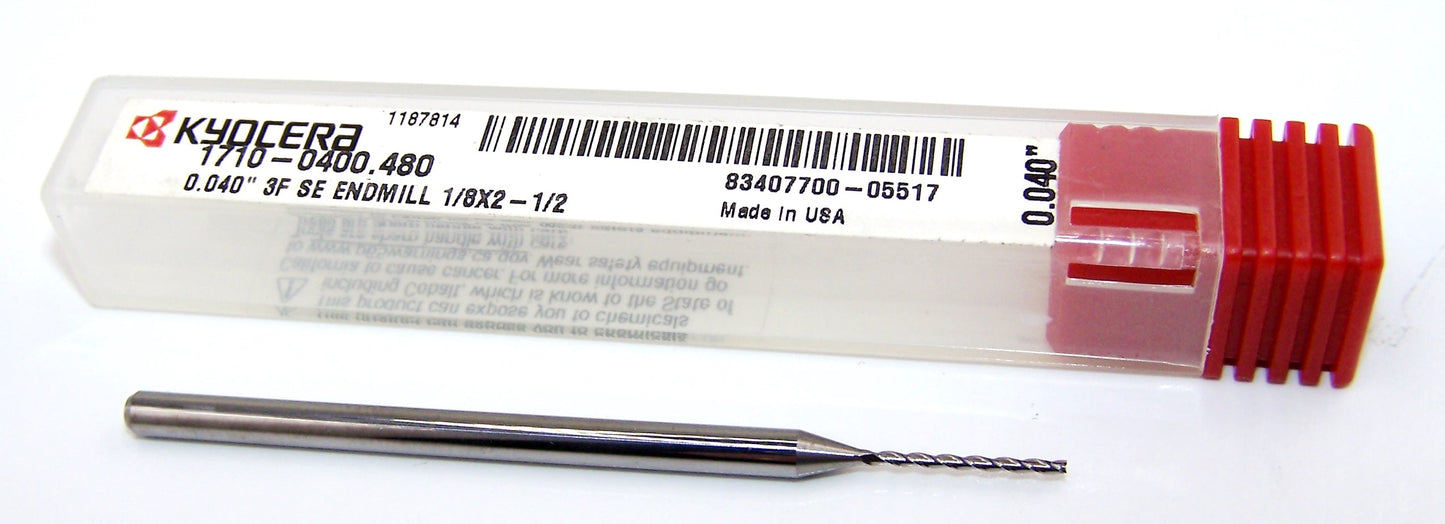 0.0400" CARBIDE END MILL 3 FLUTE #60 DIA .480"LOC EXTENDED LENGTH KYOCERA MICROTOOLS 1710-0400.480