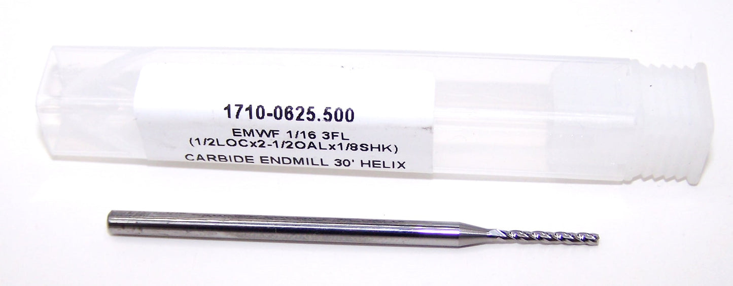 1710-0625.500 Oliver Tool 1/16" Carbide 3 Flute End Mill 0.0625" Diameter 0.500" Flute 2.50" Length 0.125" Shank