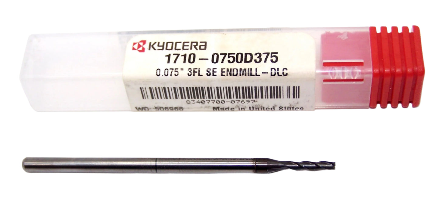 1710-0750D375 Kyocera 0.0750" Carbide 3 Flute End Mill DLC Coated 0.0750" Diameter 0.375" Flute 2.5" Length 0.125" Shank