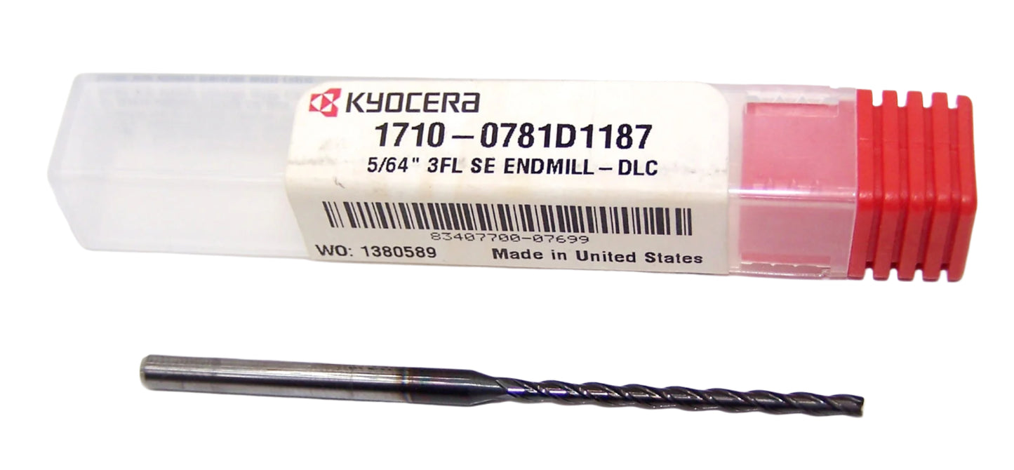 1710-0781D1187 Kyocera 5/64" Carbide 3 Flute End Mill DLC Coated 0.0781" Diameter 1.187" Flute 2.5" Length 0.125" Shank