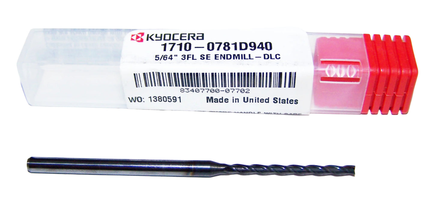 1710-0781D940 Kyocera 5/64" Carbide 3 Flute End Mill DLC Coated 0.0781" Diameter 0.940" Flute 2.5" Length 0.125" Shank