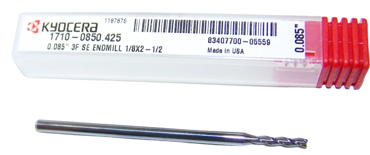 1710-0850.425 Kyocera 0.0850" Carbide 3 Flute End Mill 0.0850" Diameter 0.425" Flute 2.5" Length 0.125" Shank