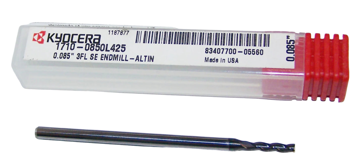 1710-0850L425 Kyocera 0.0850" Carbide 3 Flute End Mill ALTiN Coated 0.0850" Diameter 0.425" Flute 2.5" Length 0.125" Shank