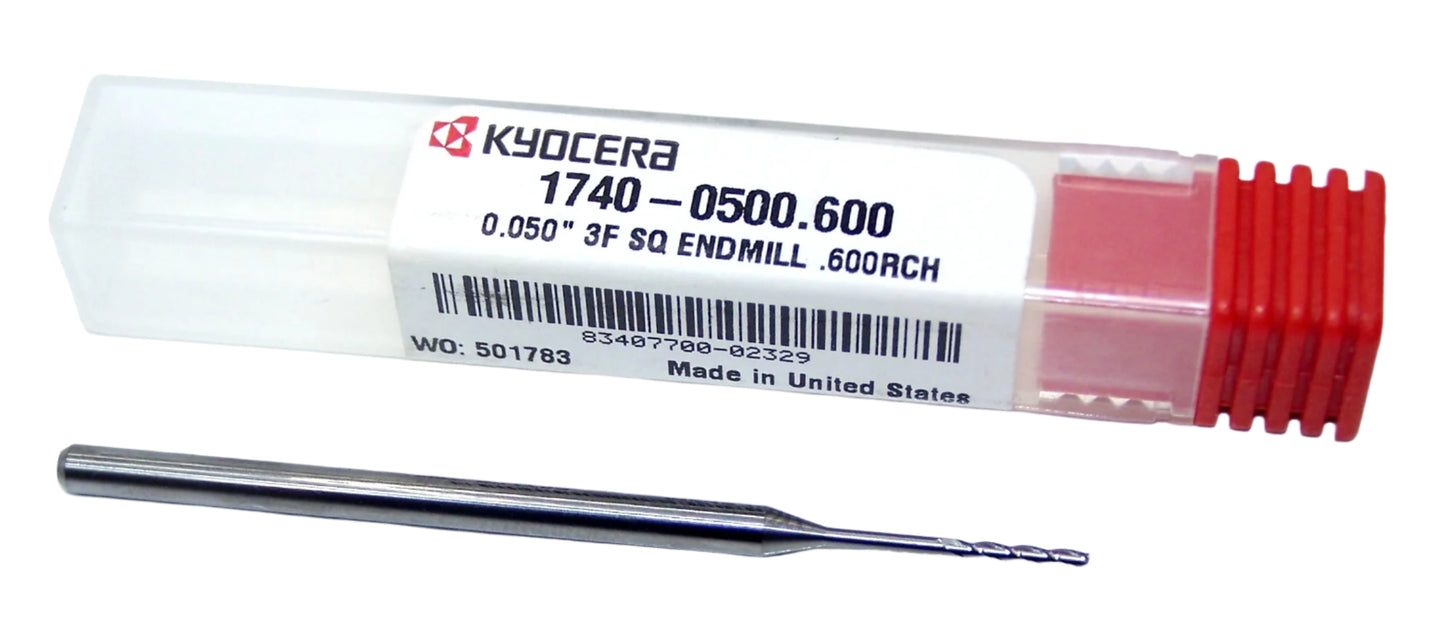 1740-0500.600 Kyocera 0.0500" Carbide 3 Flute End Mill .600" Extended Reach 0.0500" Diameter 0.300" Flute 2.5" Length 0.125" Shank