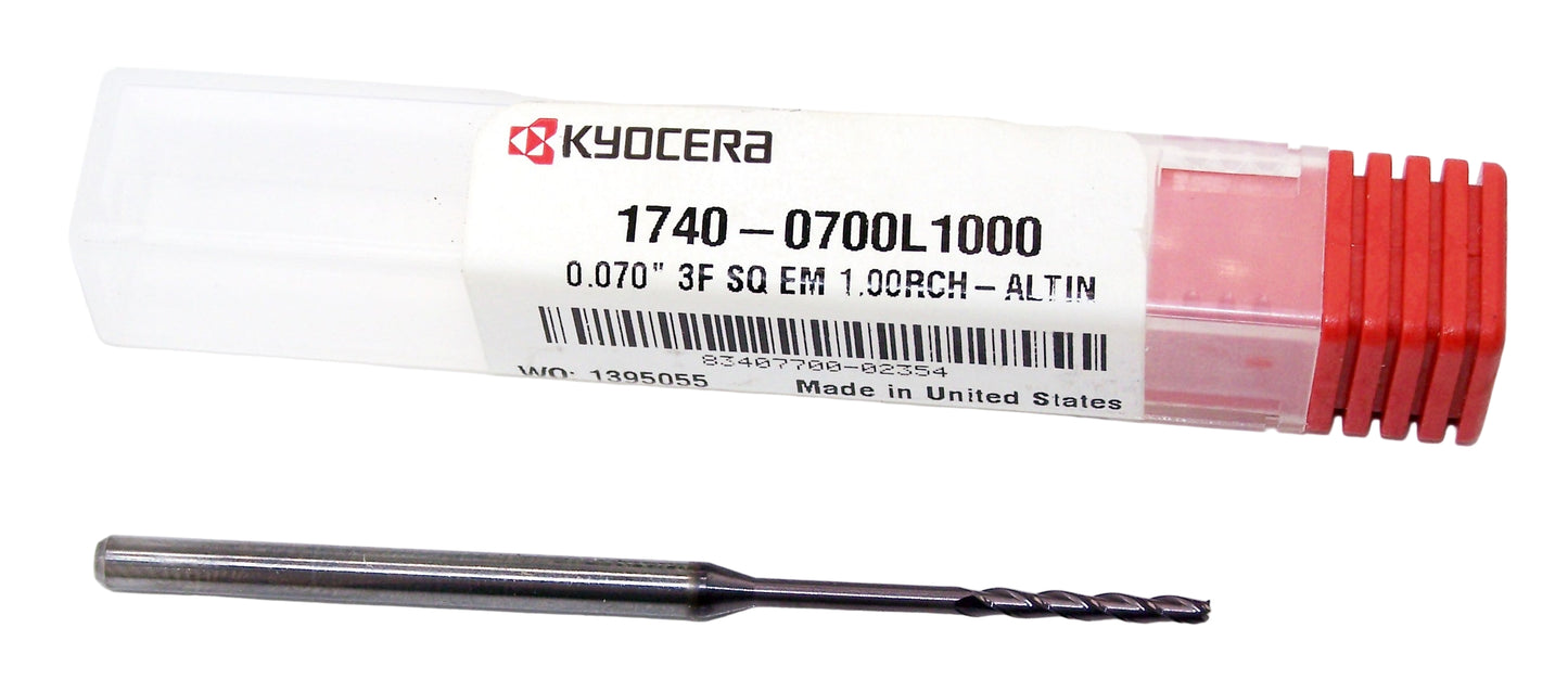 1740-0700L1000 Kyocera 0.0700" Carbide 3 Flute End Mill 1.00" Extended Reach ALTiN Coated 0.0700" Diameter 0.500" Flute 2.5" Length 0.125" Shank