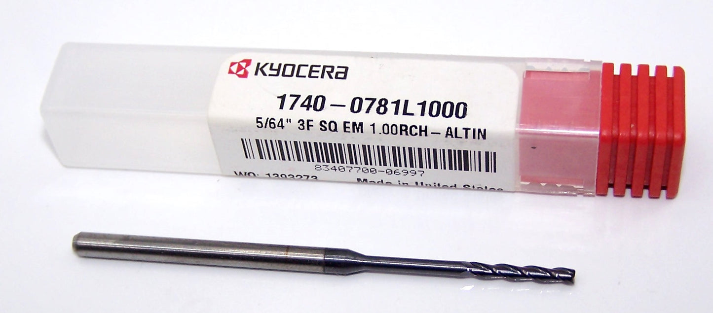 1740-0781L1000 Kyocera 5/64" Carbide 3 Flute End Mill Extended Reach ALTiN Coated 0.0781" Diameter 0.500" Flute 2.5" Length 0.125" Shank