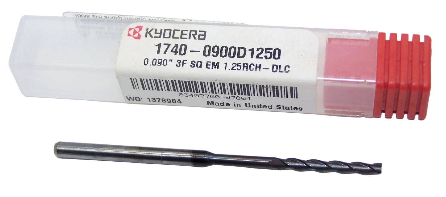 1740-0900D1250 Kyocera 0.0900" Carbide 3 Flute End Mill 1.25" Extended Reach DLC Coated 0.0900" Diameter 0.750" Flute 2.5" Length 0.125" Shank
