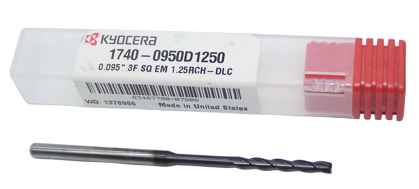 1740-0950D1250 Kyocera 0.0950" Carbide 3 Flute End Mill 1.25" Extended Reach DLC Coated 0.0950" Diameter 0.750" Flute 2.5" Length 0.125" Shank