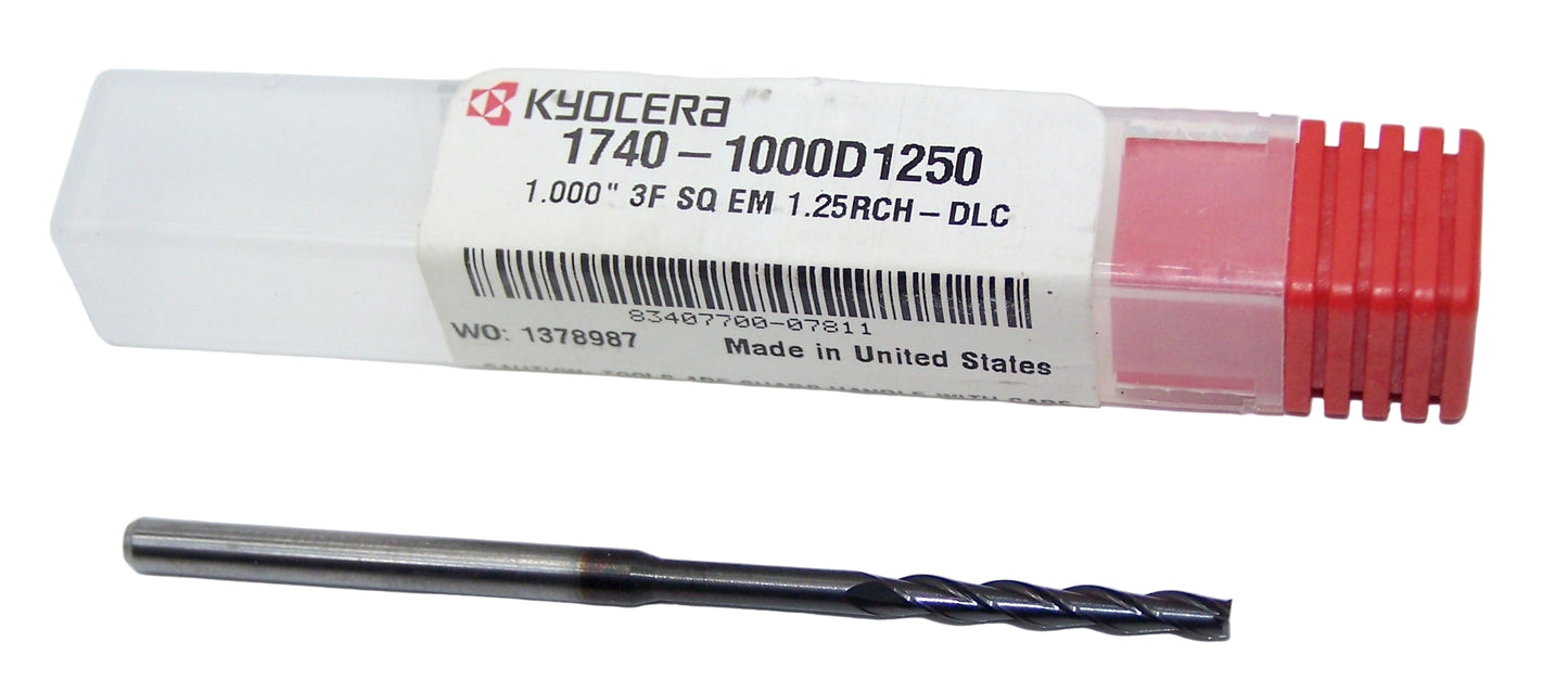 1740-1000D1250 Kyocera 0.1000" Carbide 3 Flute End Mill 1.25" Extended Reach DLC Coated 0.1000" Diameter .750" Flute 2.5" Length 0.125" Shank