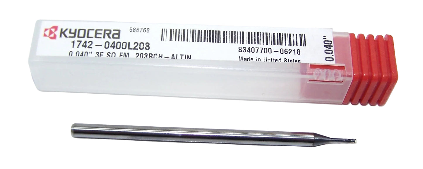 1742-0400L203 Kyocera 0.0400" Carbide 3 Flute End Mill Extended Reach ALTiN Coated 0.0400" Diameter 0.203" Flute 2.5" Length 0.125" Shank