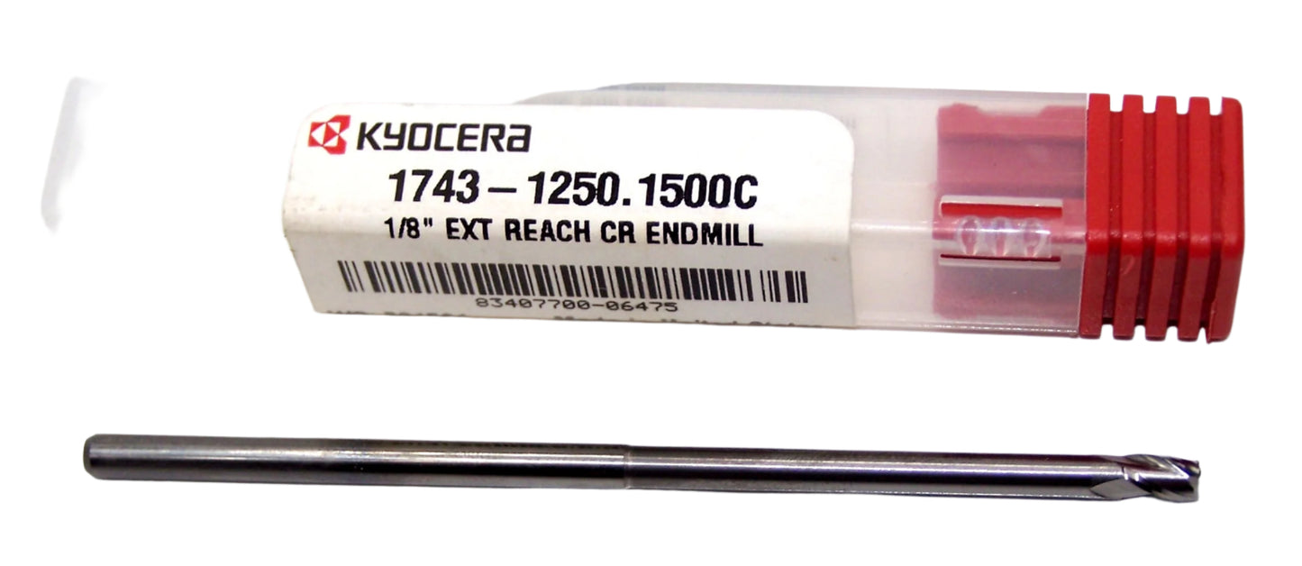 1743-1250.1500C Kyocera 1/8" Carbide 3 Flute End Mill 1.50"Extended Reach .010" Radius 0.1250" Diameter .187" Flute 3.0" Length 0.125" Shank