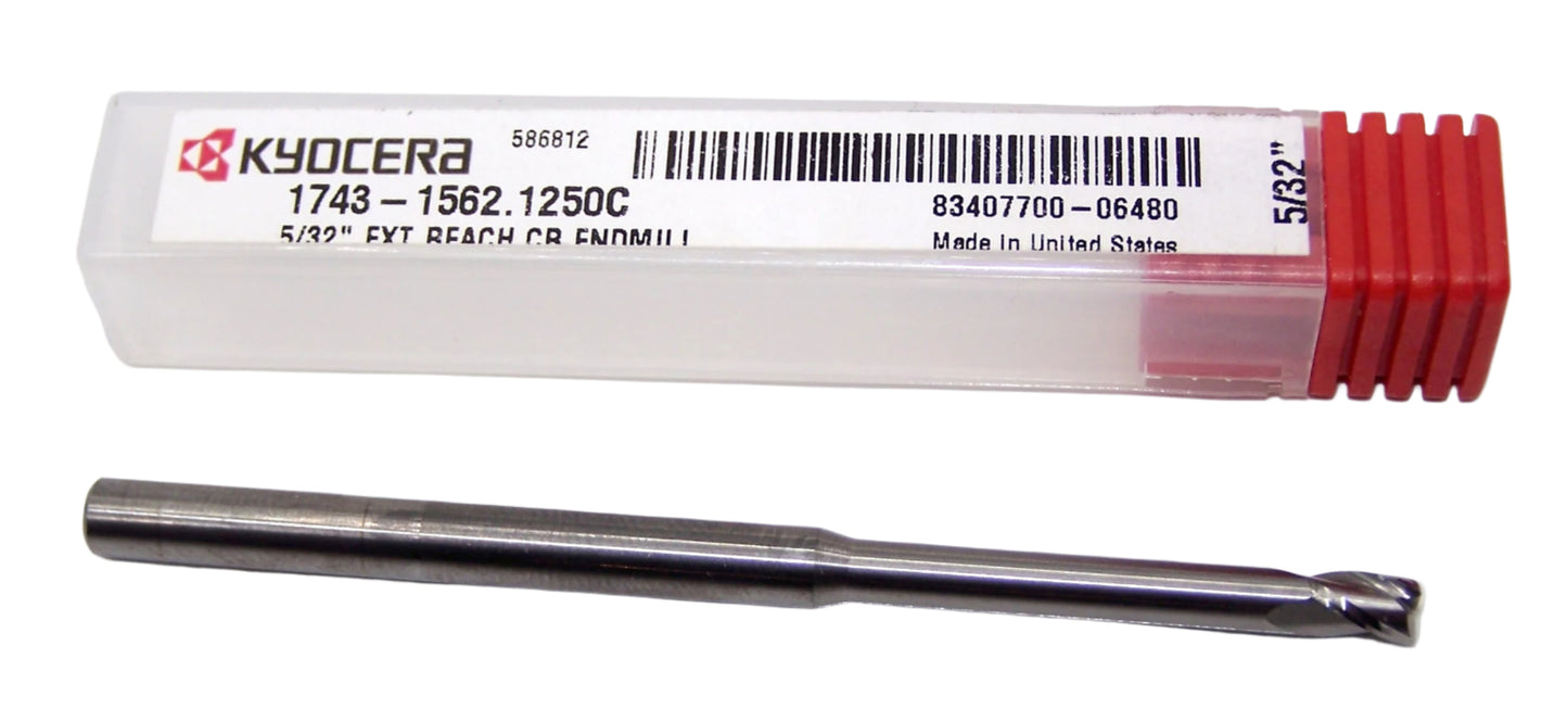 1743-1562.1250C Kyocera 5/32" Carbide 3 Flute End Mill 1.25"Extended Reach .010" Radius 0.1562" Diameter .234" Flute 3.0" Length 0.1875" Shank