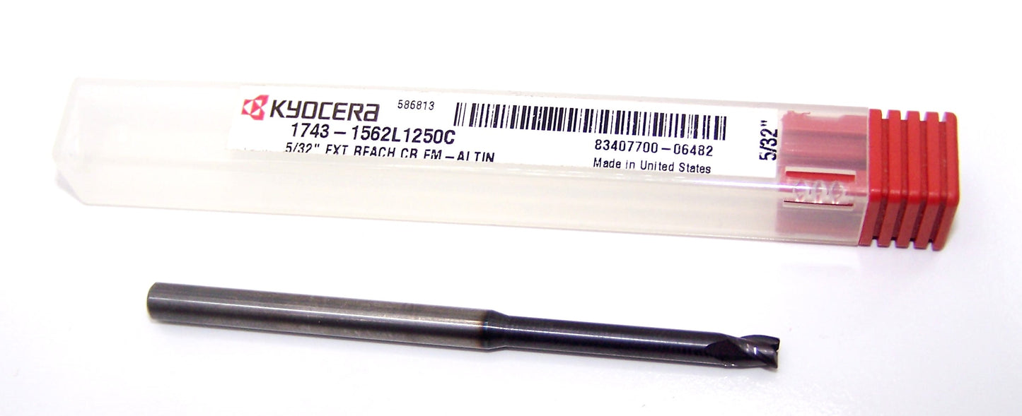 1743-1562L1250C Kyocera 5/32" Carbide 3 Flute End Mill 1.25"Extended Reach .010" Radius ALTiN Coated 0.1562" Diameter .234" Flute 3.0" Length 0.1875" Shank