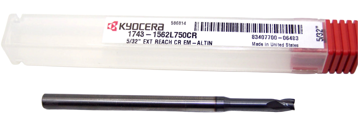 1743-1562L750CR Kyocera 5/32" Carbide 3 Flute End Mill .750"Extended Reach .010" Radius ALTiN Coated 0.1562" Diameter .234" Flute 3.0" Length 0.1875" Shank