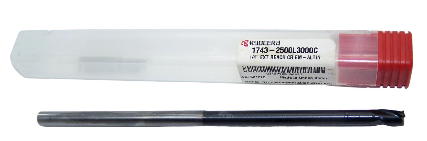 1743-2500L3000C Kyocera 1/4" Carbide 3 Flute End Mill 3.00"Extended Reach .015" Radius AlTiN Coated 0.250" Diameter .375" Flute 6.0" Length 0.250" Shank