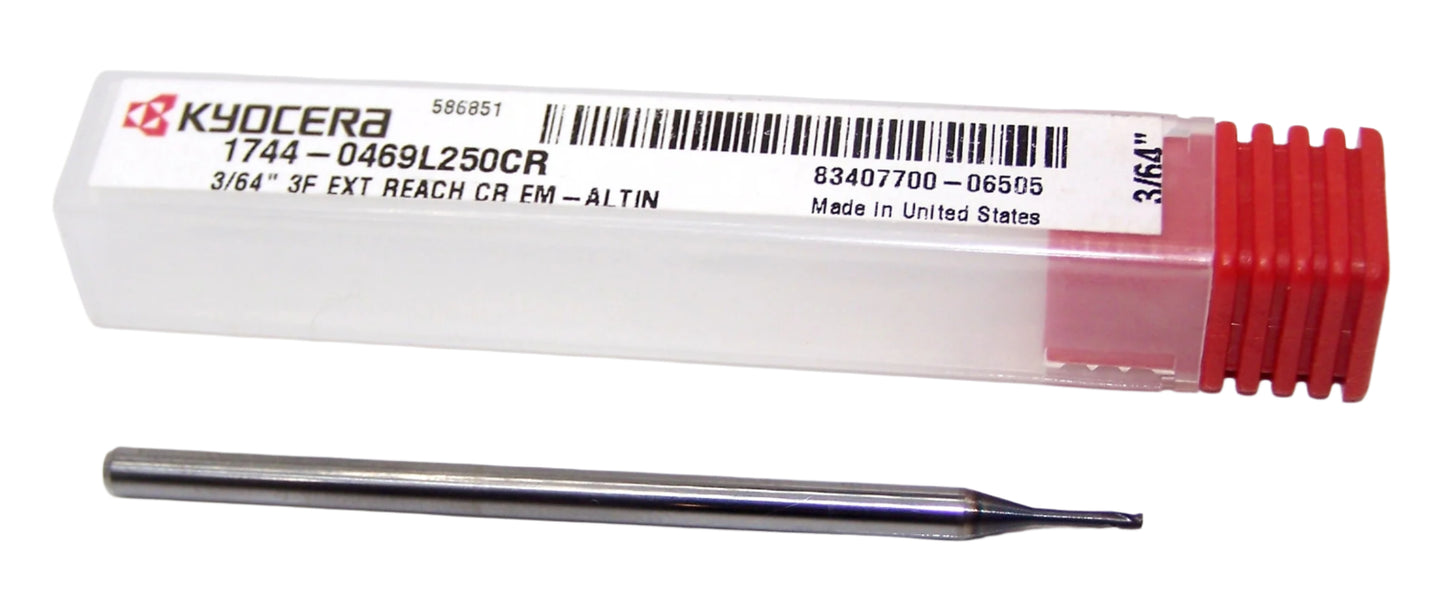 1744-0469L250CR Kyocera 3/64" Carbide 3 Flute End Mill .250" Extended Reach .010" Radius AlTiN Coated .0469" Diameter .070" Flute 2.50" Length .125" Shank