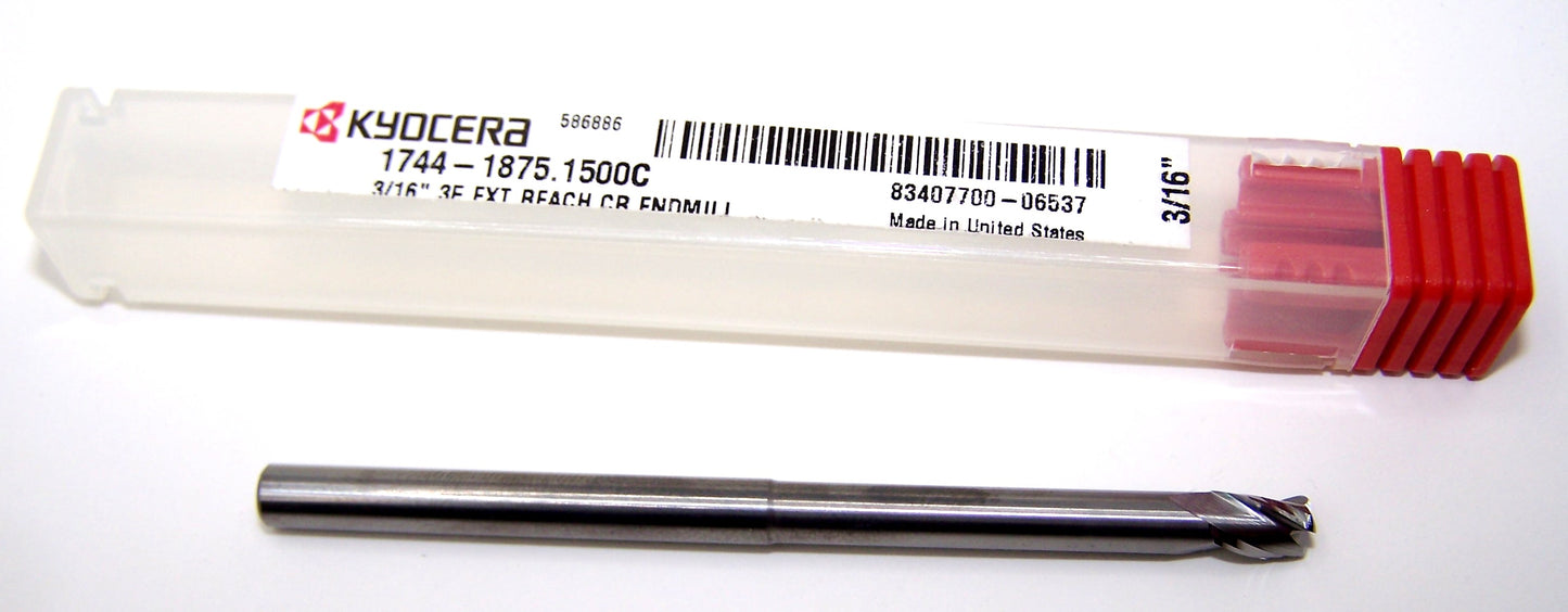 1744-1875.1500C Kyocera 3/16" Carbide 3 Flute End Mill 1.50" Extended Reach .030" Radius .1875" Diameter .281" Flute 3.00" Length .125" Shank
