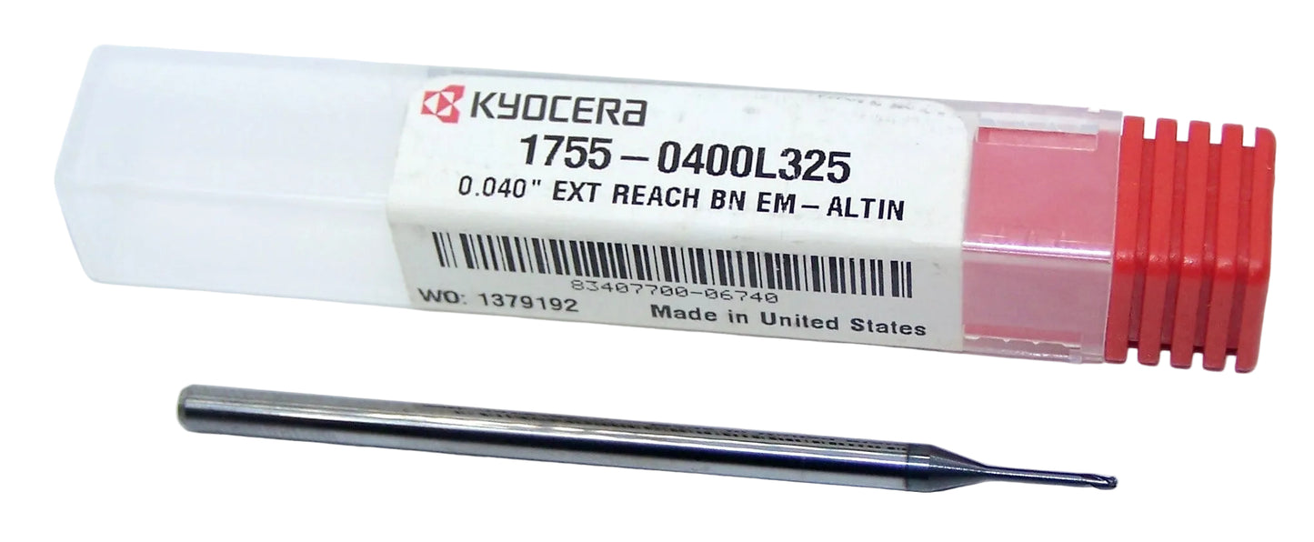 1755-0400L325 Kyocera 0.0400" Carbide 3 Flute End Mill Extended Reach Ball End ALTiN Coated 0.0400" Diameter 0.325" Flute 2.5" Length 0.125" Shank