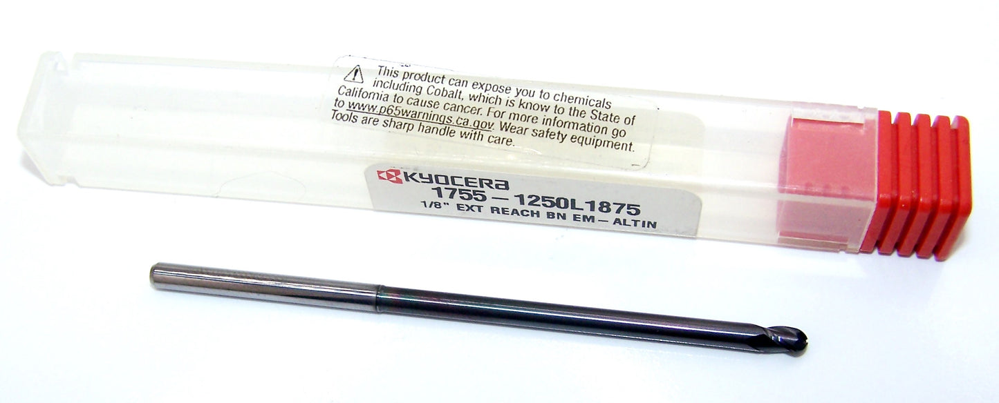 1755-1250L1875 Kyocera Microtools 1/8" Carbide 3 Flute End Mill Ball End AlTiN 1.875" Extended Reach .125" Diameter .187" Flute 3.00" Length .125" Shank