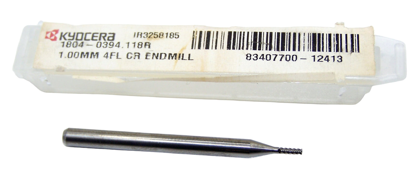 1804-0394.118R Kyocera 1.00mm Carbide 4 Flute End Mill 0.004" Radius 0.0394" Diameter 0.118" Flute 1.5" Length 0.1181" Shank
