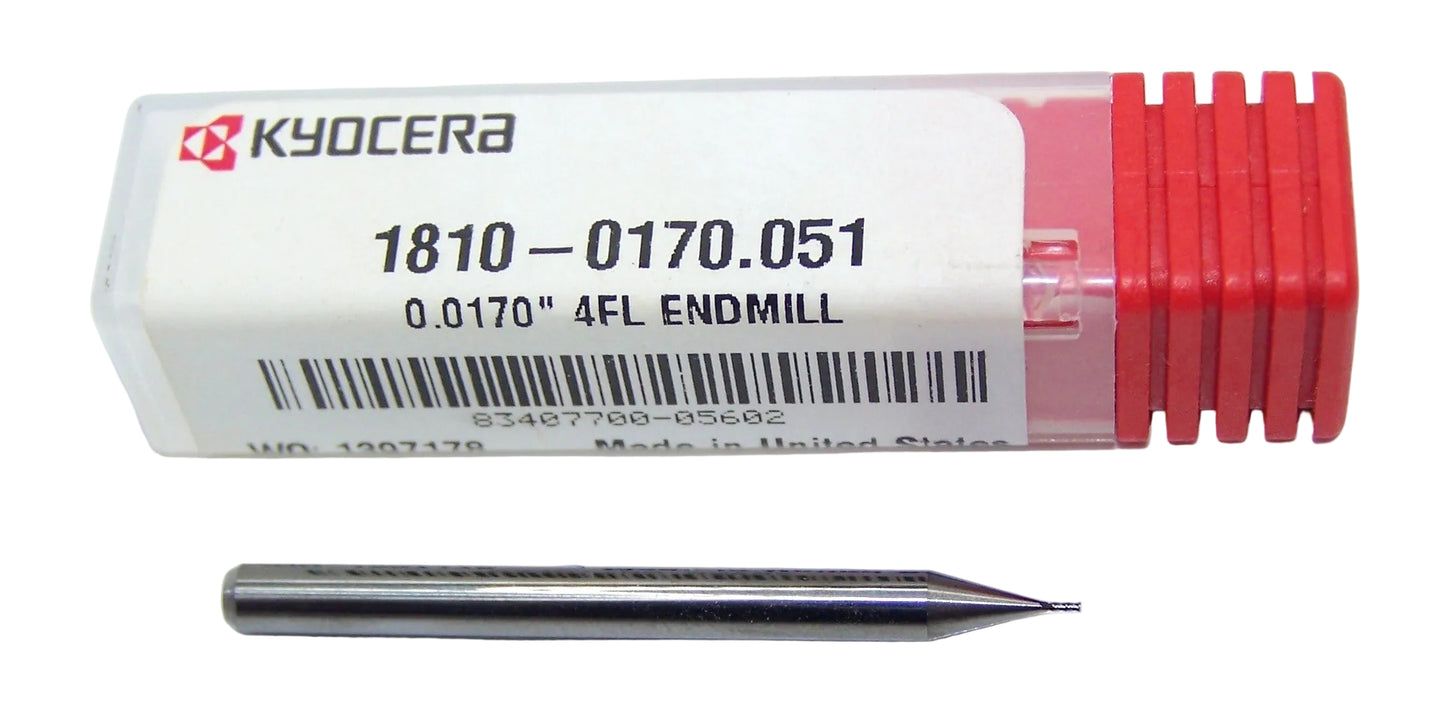 1810-0170.051 Kyocera 0.0170" Carbide 4 Flute End Mill 0.0170" Diameter 0.051" Flute 1.5" Length 0.125" Shank