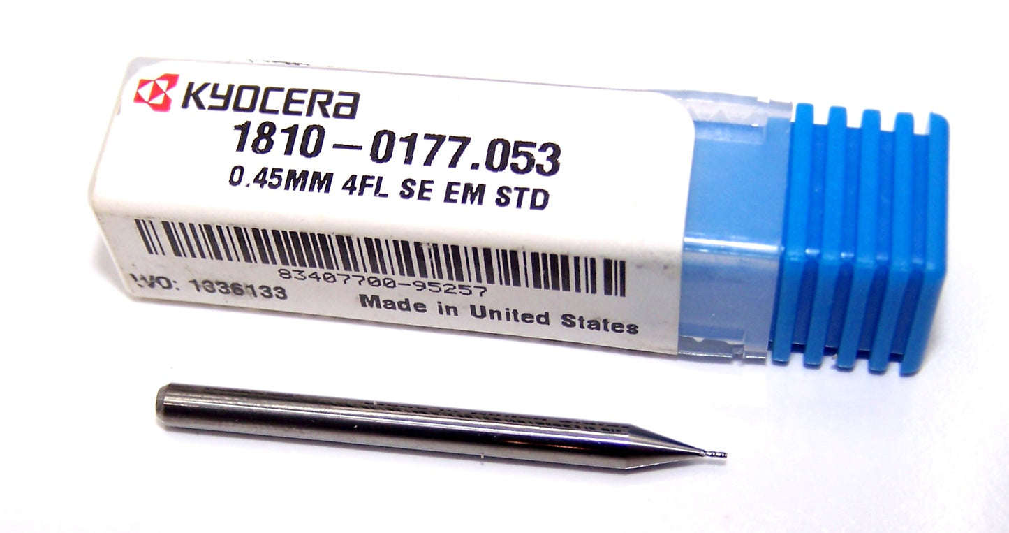 1810-0177.053 Kyocera 0.45mm Carbide 4 Flute End Mill 0.0177" Diameter 0.0530" Flute 1.5" Length 0.1181" Shank