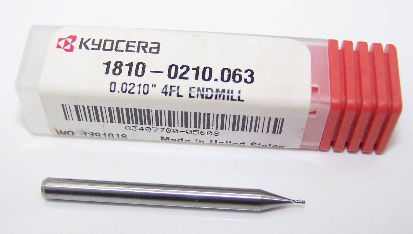 1810-0210.063 Kyocera #75 Carbide 4 Flute End Mill .0210" Diameter .063" Flute 1.50" Length .125" Shank