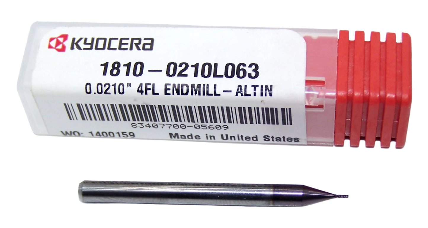 1810-0210L063 Kyocera #75 Carbide 4 Flute End Mill AlTiN Coated .0210" Diameter .063" Flute 1.50" Length .125" Shank