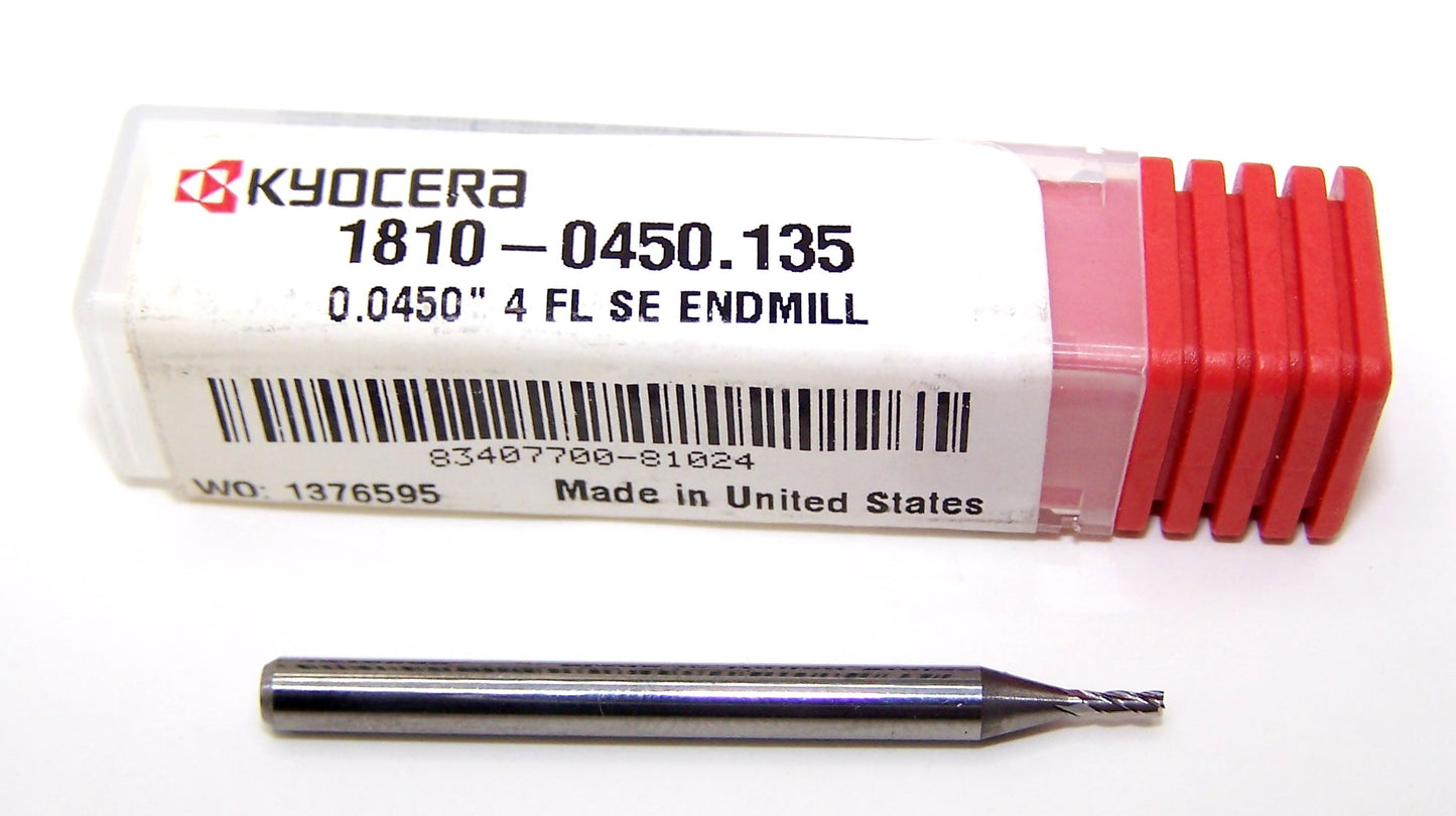1810-0450.135 Kyocera .0450" Carbide 4 Flute End Mill SQ .0450" Diameter .135" Flute 1.50" Length .125" Shank