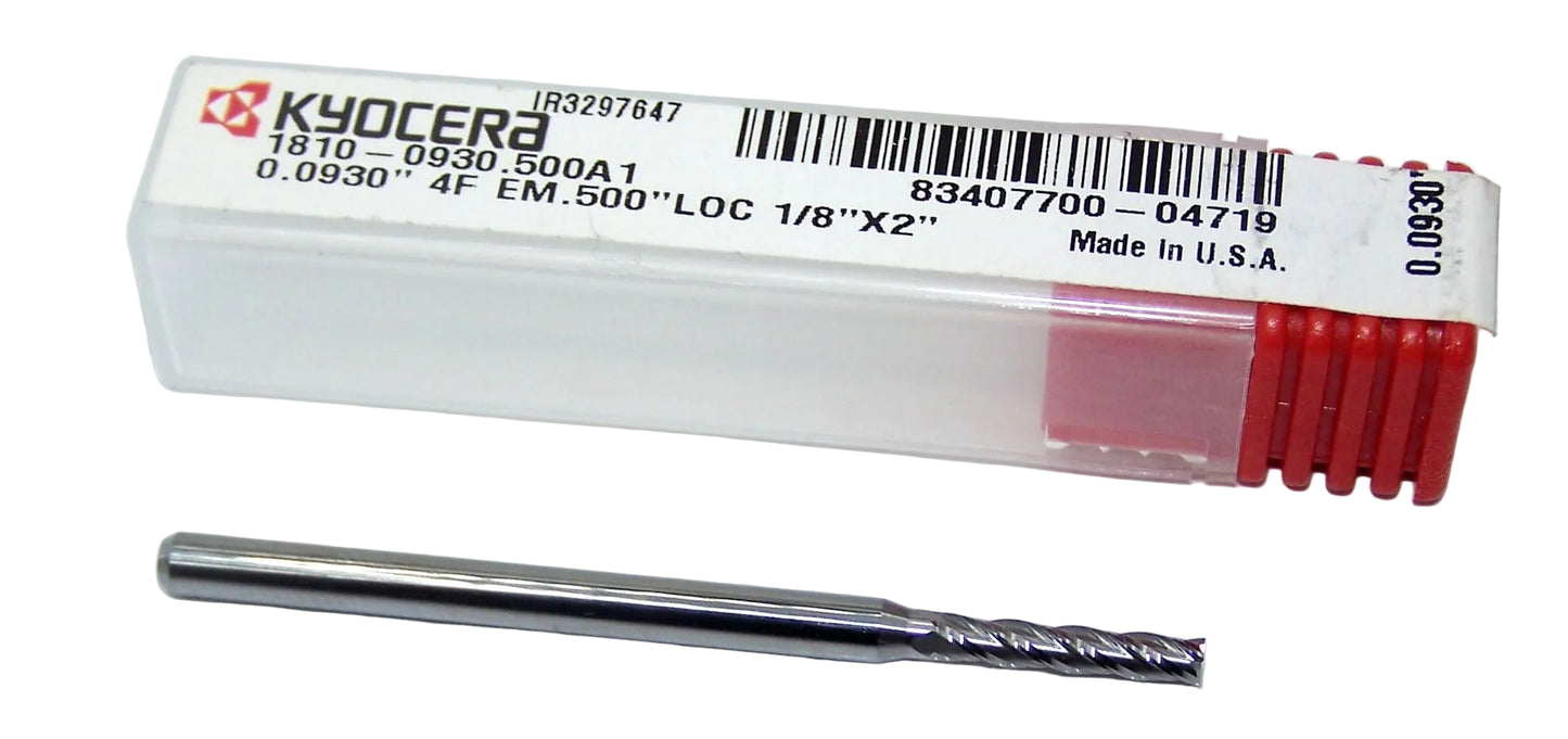 1810-0930.500A1 Kyocera 0.0930" Carbide 4 Flute End Mill 0.0930" Diameter 0.500" Flute 2.0" Length 0.125" Shank