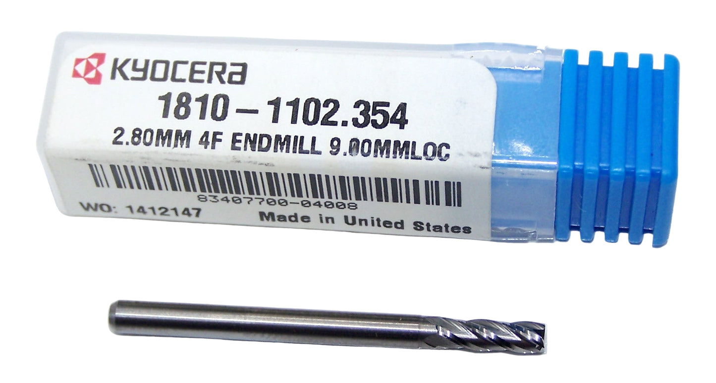 1810-1102.354 Kyocera 2.80mm Carbide 4 Flute End Mill 0.1102" Diameter 0.354" Flute 1.50" Length 0.1181" Shank
