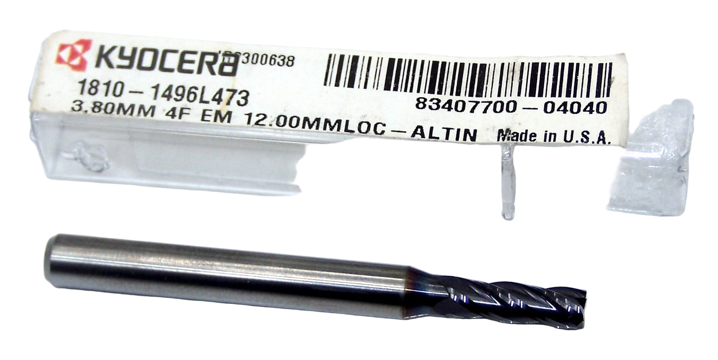 1810-1496L473 Kyocera 3.8mm Carbide 4 Flute End Mill ALTiN Coated 0.1496" Diameter 0.4730" Flute 2" Length 0.1969" Shank