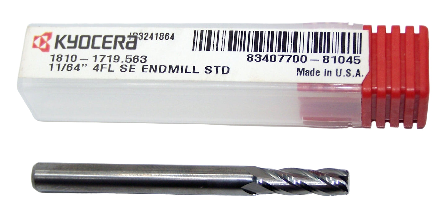 1810-1719.563 Kyocera 11/64" Carbide 4 Flute End Mill 0.1719" Diameter 0.563" Flute 2.0" Length 0.1875" Shank