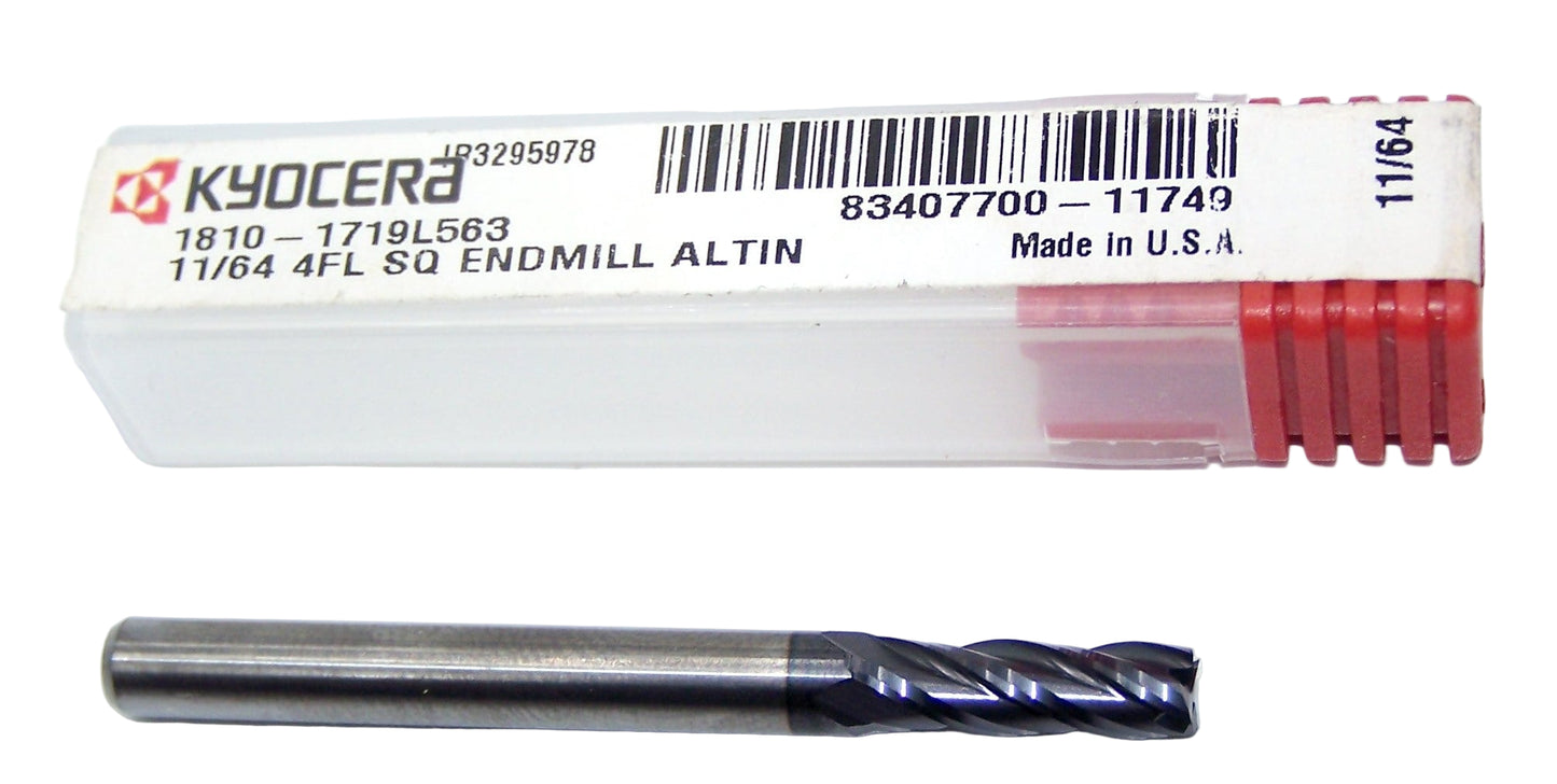 1810-1719L563 Kyocera 11/64" Carbide 4 Flute End Mill ALTiN Coated 0.1719" Diameter 0.563" Flute 2.0" Length 0.1875" Shank