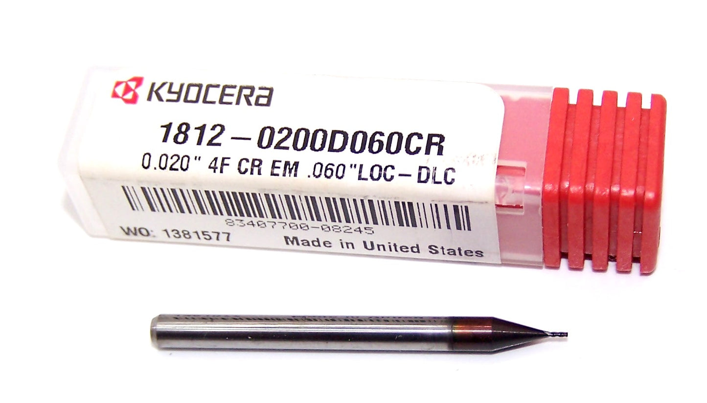 1812-0200D060CR Kyocera #76 Carbide 4 Flute End Mill .005" Corner Radius DLC Coated .0250" Diameter .060" Flute 1.50" Length .125" Shank