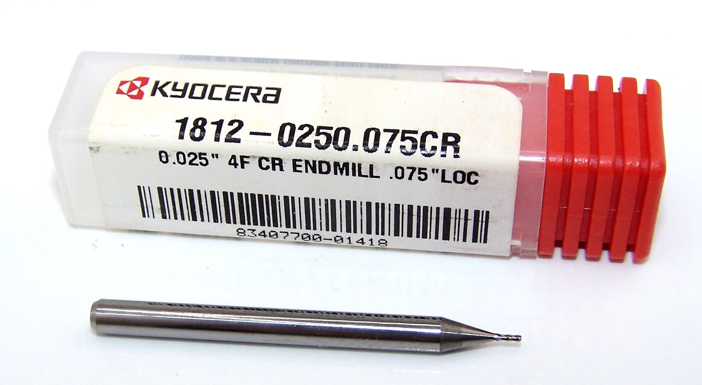1812-0250.0750CR Kyocera #72 Carbide 4 Flute End Mill .005" Corner Radius .0250" Diameter .075" Flute 1.50" Length .125" Shank