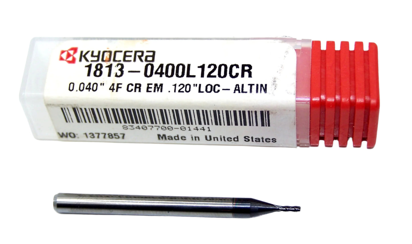 1813-0400L120CR Kyocera 0.040" Carbide 4 Flute End Mill 0.010" Radius ALTiN Coated 0.0400" Diameter 0.120" Flute 1.5" Length 0.1250" Shank