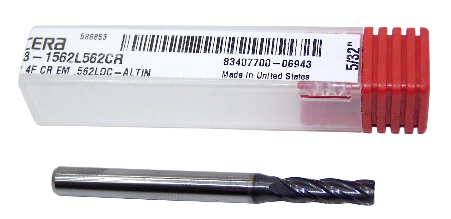 1813-1562L562CR Kyocera 5/32" Carbide 4 Flute End Mill 0.015" Radius ALTiN Coated 0.1562" Diameter 0.1875" Flute 2" Length 0.1875" Shank