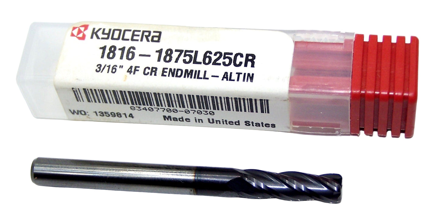 1816-1875L625CR Kyocera 3/16" Carbide 4 Flute End Mill 0.030" Radius ALTiN Coated 0.1875" Diameter 0.625" Flute 2.00" Length 0.1875" Shank
