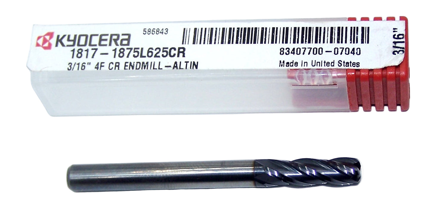 1817-1875L625CR Kyocera 3/16" Carbide 4 Flute End Mill 0.045" Radius ALTiN Coated 0.1875" Diameter 0.625" Flute 2.00" Length 0.1875" Shank