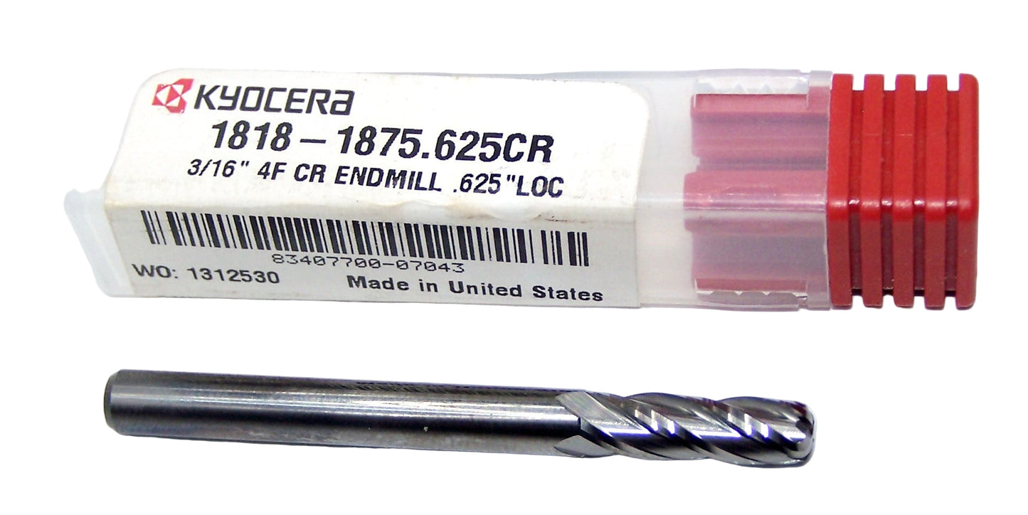 1818-1875.625CR Kyocera 3/16" Carbide 4 Flute End Mill 0.060" Radius 0.1875" Diameter 0.625" Flute 2.00" Length 0.1875" Shank