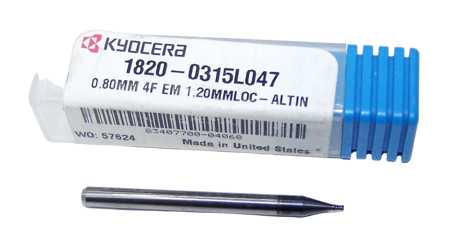1820-0315L047 Kyocera 0.8mm Carbide 4 Flute End Mill ALTiN Coated 0.0315" Diameter 0.0470" Flute 1.5" Length 0.1181" Shank