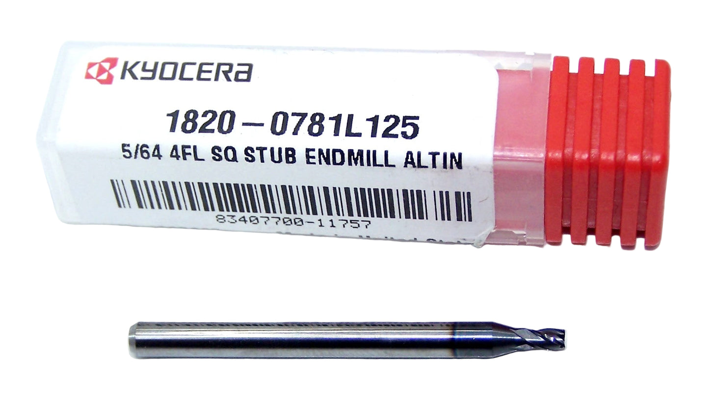 1820-0781L125 Kyocera 5/64" Carbide 4 Flute End Mill Stub ALTiN Coated 0.0781" Diameter 0.125" Flute 1.5" Length 0.125" Shank