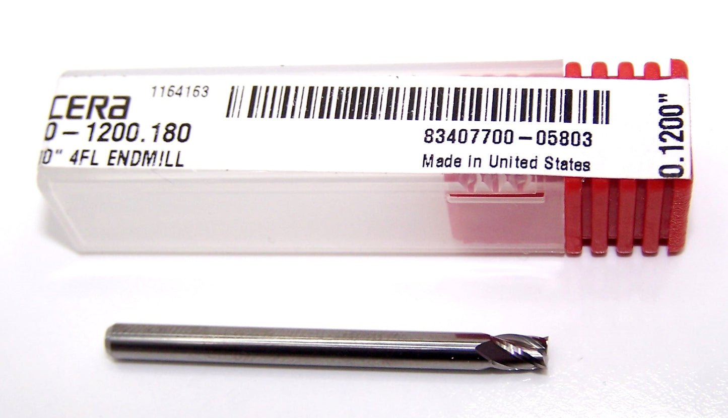 1820-1200.180 Kyocera 0.1200" Carbide 4 Flute End Mill 0.1200" Diameter 0.180" Flute 1.5" Length 0.125" Shank