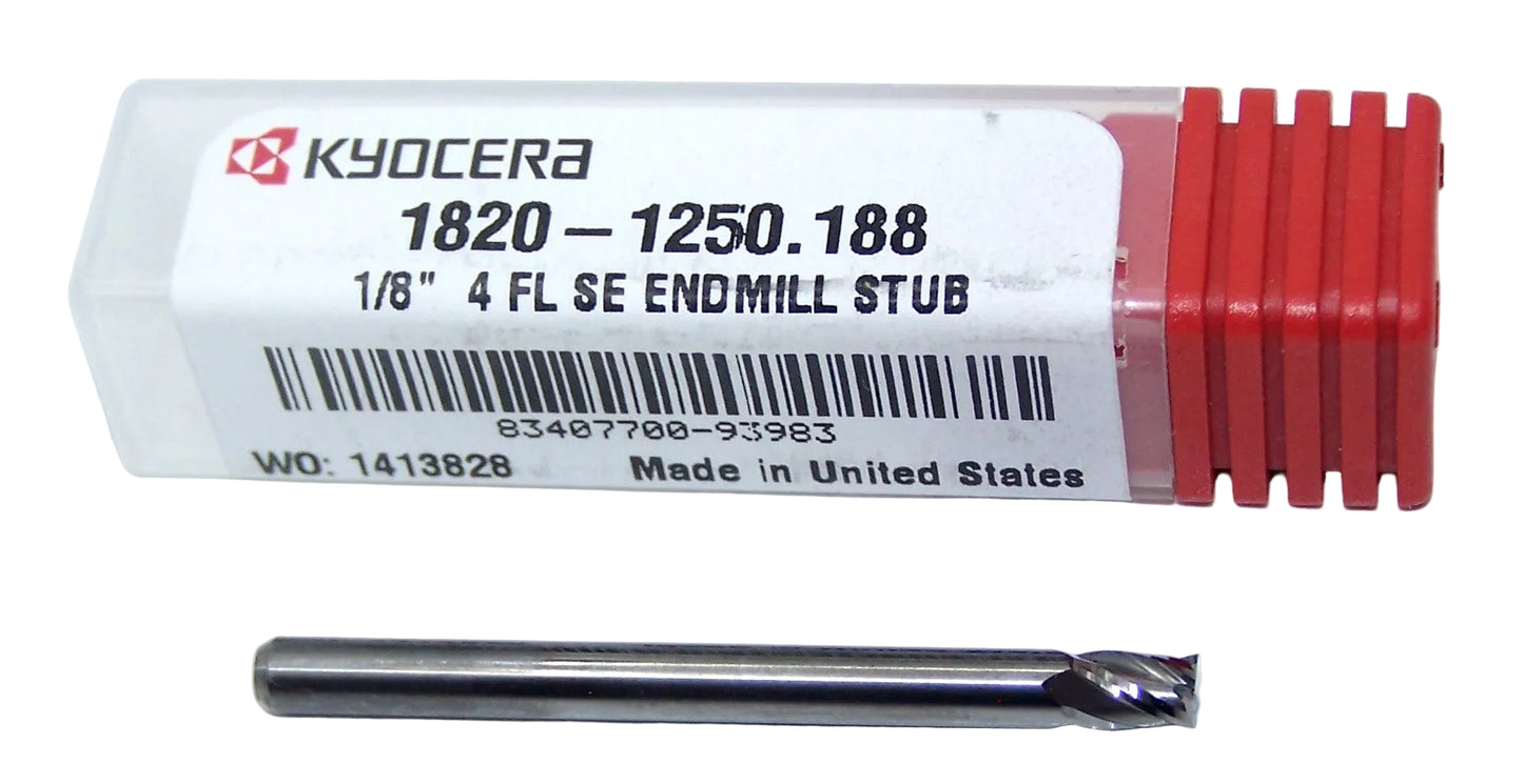 1820-1250.188 Kyocera 1/8" Carbide 4 Flute End Mill 0.1250" Diameter 0.188" Flute 1.5" Length 0.125" Shank